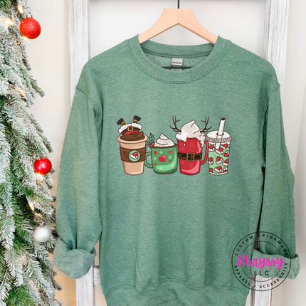 Heather Sport Green crewneck sweatshirt with four festive Christmas coffee cups and lattes.