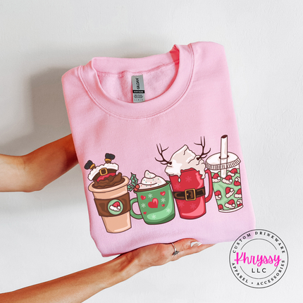 Light Pink crewneck sweatshirt featuring a Santa latte and festive holiday drinks.