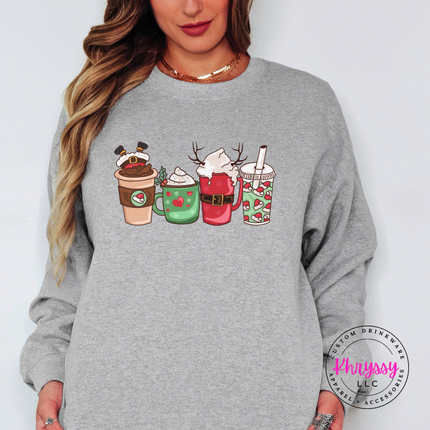 Sport Gray crewneck sweatshirt featuring a Santa latte and festive holiday drinks.
