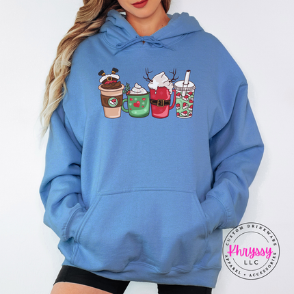 Holiday latte, cocoa mug and iced cup design on a Carolina Blue hoodie.