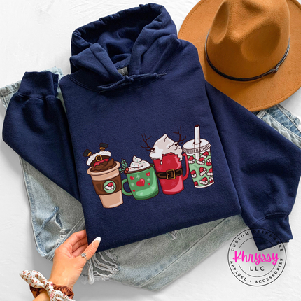 Navy hoodie featuring a Santa latte and festive holiday drinks.