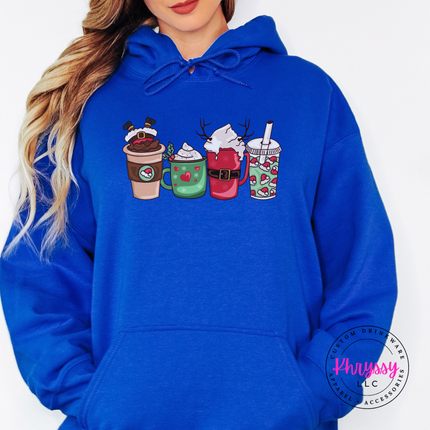 Royal hoodie with four festive Christmas coffee cups and lattes.
