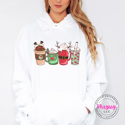 Close up of the Christmas coffee cups print on a White hoodie.