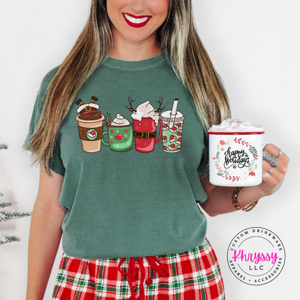 Light Green tee with four festive Christmas coffee cups and lattes.