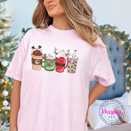 Holiday latte, cocoa mug and iced cup design on a Blossom tee.