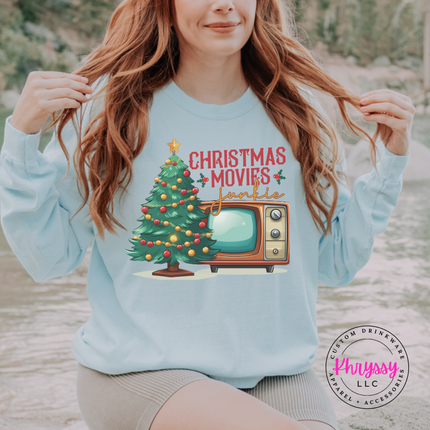 Chambray long sleeve tee showing a retro TV beside a decorated tree.