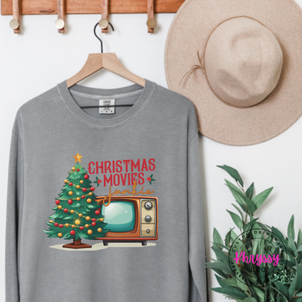 Flat lay of the Christmas movie junkie Christmas long sleeve tee in Gray.