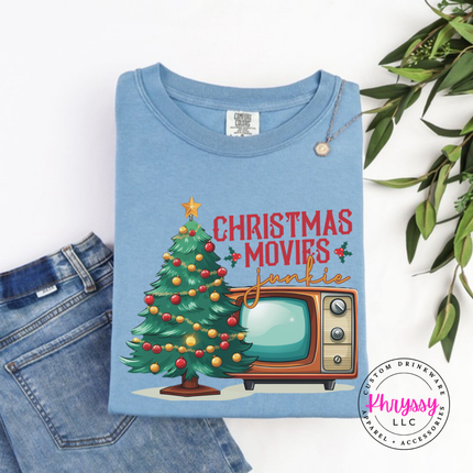 Ice Blue long sleeve tee featuring a retro TV and movie junkie lettering.
