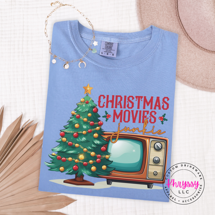 Washed Denim long sleeve tee showing a retro TV beside a decorated tree.