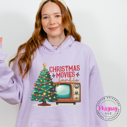 Orchid hoodie featuring a retro TV and movie junkie lettering.