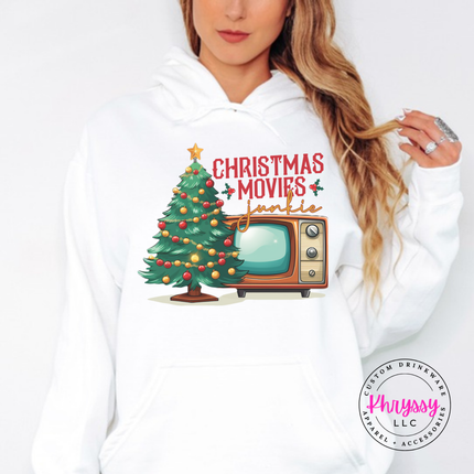 Flat lay of the Christmas movie junkie Christmas hoodie in White.