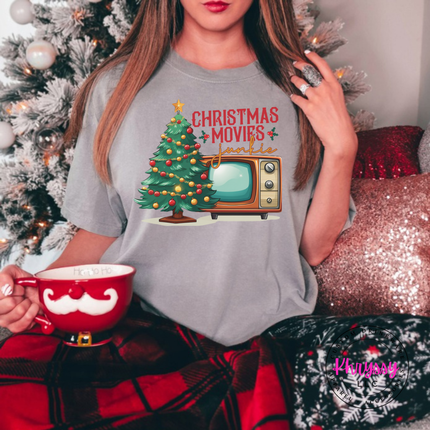 Flat lay of the Christmas movie junkie Christmas tee in Gray.