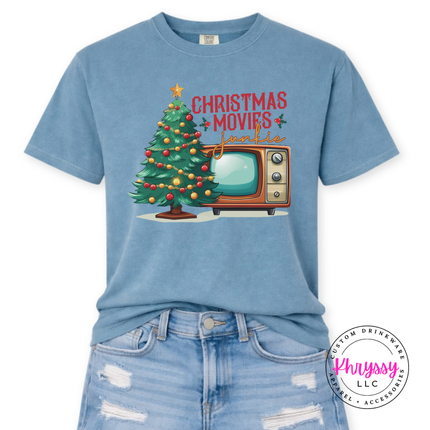 Ice Blue tee featuring a retro TV and movie junkie lettering.