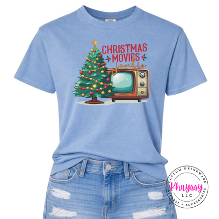 Washed Denim tee showing a retro TV beside a decorated tree.