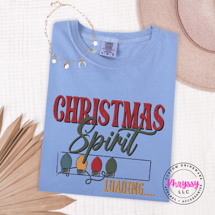 Washed Denim long sleeve tee showing holiday bulbs filling a loading bar.