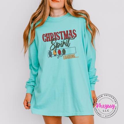 Chambray long sleeve tee showing holiday bulbs filling a loading bar.