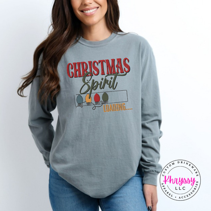 Flat lay of the Christmas Spirit Loading Christmas long sleeve tee in Gray.