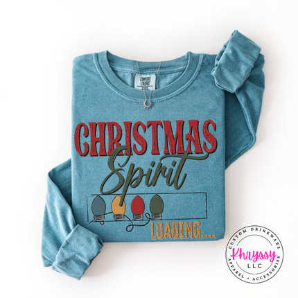 Ice Blue long sleeve tee featuring a Christmas Spirit loading bar of bulbs.