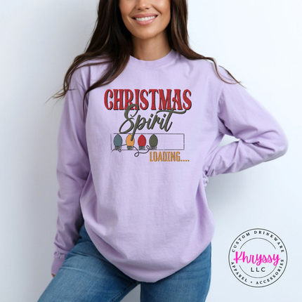 Close up of the Christmas Spirit Loading art on an Orchid long sleeve tee.