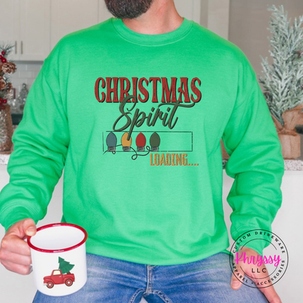 Irish Green crewneck sweatshirt showing holiday bulbs filling a loading bar.