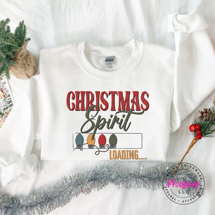 Flat lay of the Christmas Spirit Loading Christmas crewneck sweatshirt in White.
