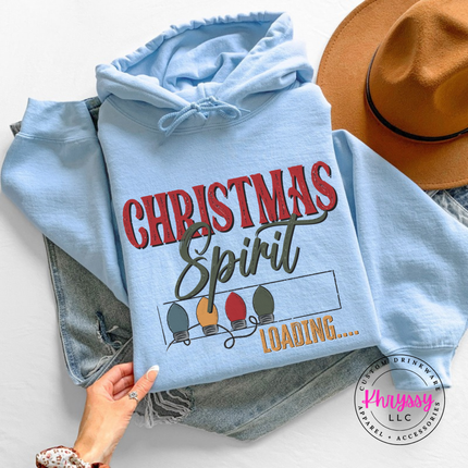 Light Blue hoodie showing holiday bulbs filling a loading bar.
