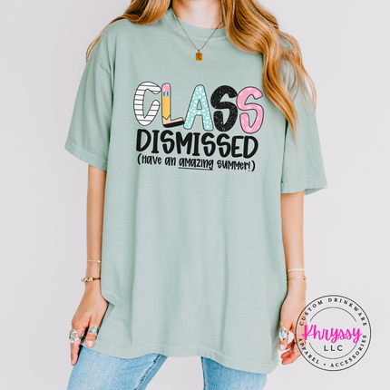 Bay blue comfort colors tee with a pastel class dismissed summer print.