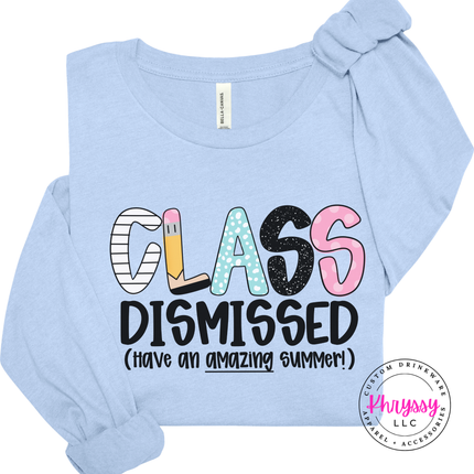 Baby blue long sleeve tee with a pastel class dismissed summer print.