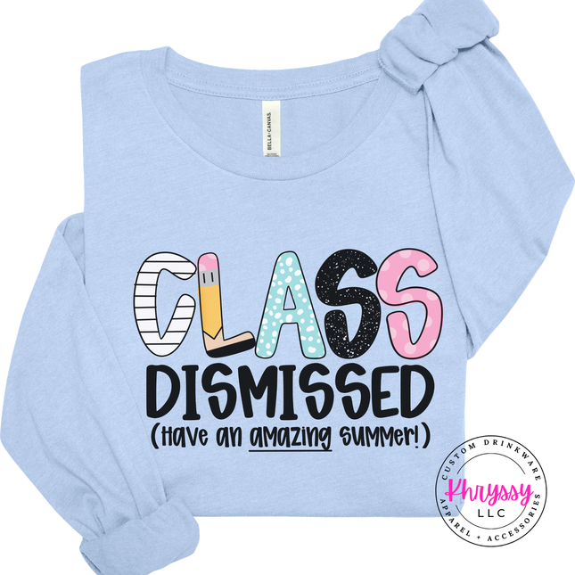 Baby blue long sleeve tee with a pastel class dismissed summer print.