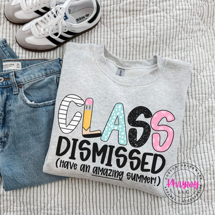 Ash grey crewneck sweatshirt with a pastel class dismissed summer print.