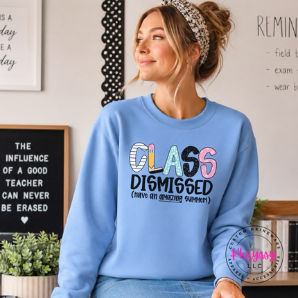 Carolina blue crewneck featuring playful summer lettering and a pencil.
