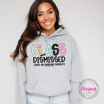 Ash grey pullover hoodie with a pastel class dismissed summer print.