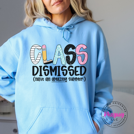 Light blue cozy hoodie styled with a cheerful class dismissed graphic.
