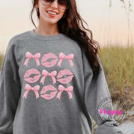 Coquette Lips and Bows Graphic Crewneck Sweatshirt for Women