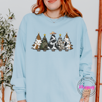 Chambray long sleeve tee showing patterned Christmas trees with a cowboy hat.
