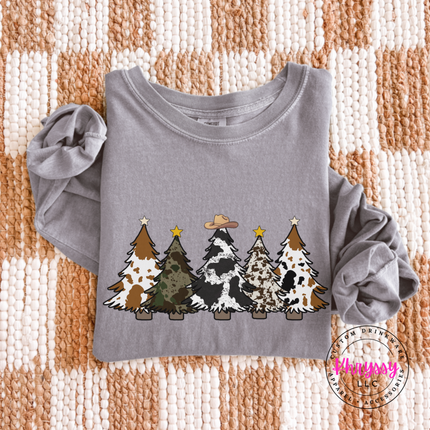 Flat lay of the cow print trees Christmas long sleeve tee in Gray.