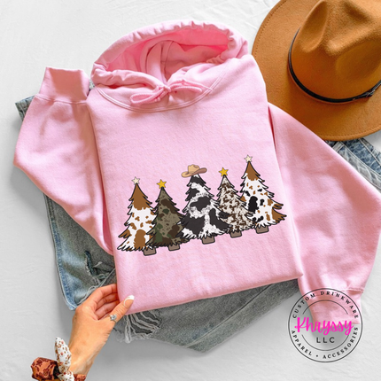 Light Pink hoodie featuring five cow print and leopard Christmas trees.