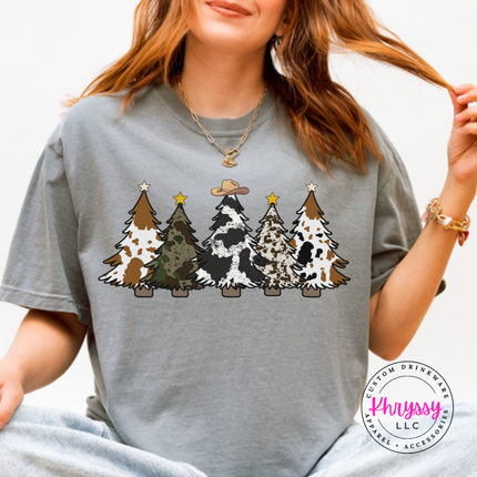Flat lay of the cow print trees Christmas tee in Gray.