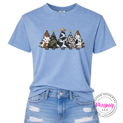 Washed Denim tee showing patterned Christmas trees with a cowboy hat.