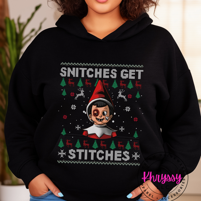 Snitches Get Stitches - Ugly Christmas Sweater Hoodie - Hilariously Naughty Holiday Apparel