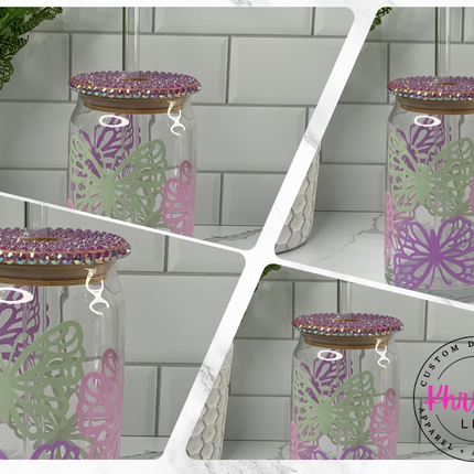 Summer Butterfly Glass 16oz Libbey Cup with Glass Straw