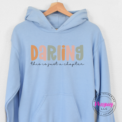 Light Blue hoodie with soft multicolor Darling lettering and cursive subtext