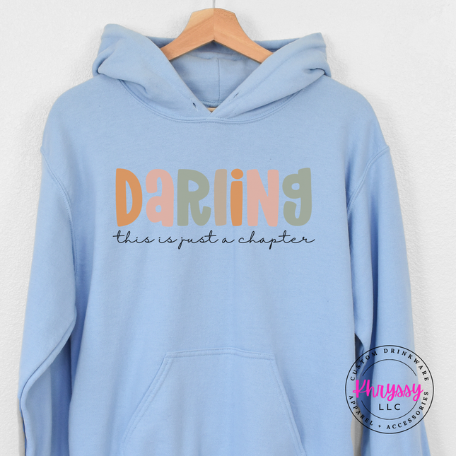 Light Blue hoodie with soft multicolor Darling lettering and cursive subtext