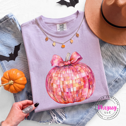 Orchid tee with the coquette disco pumpkin fall print