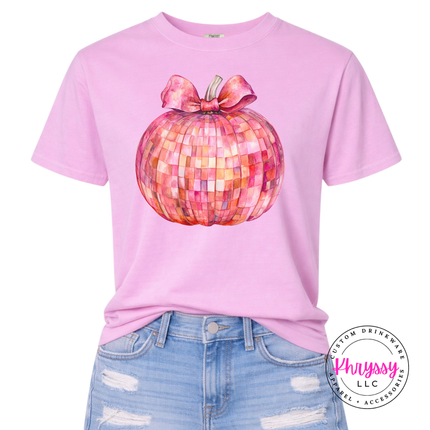 Rose Quartz graphic tee featuring a glam pink mosaic pumpkin illustration.