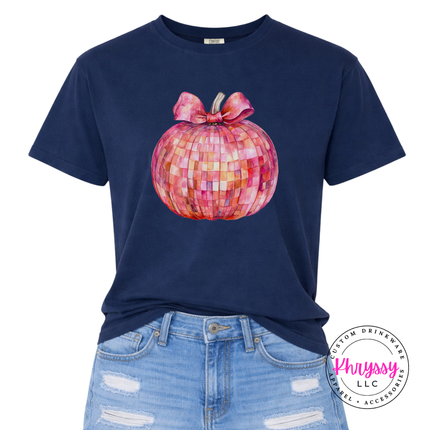 True Navy tee with the disco ball pumpkin with pink bow graphic