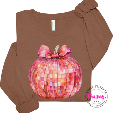 Chestnut tee with a pink mosaic disco pumpkin design.