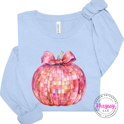 Baby Blue long sleeve tee with the pink mosaic disco pumpkin design
