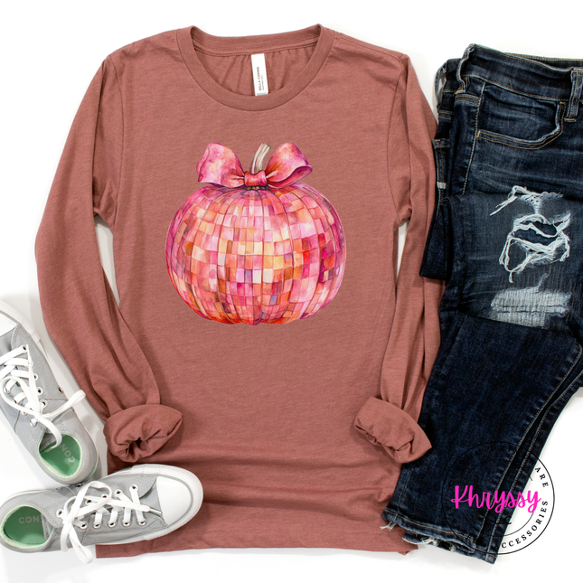Heather Mauve tee featuring a glam pink pumpkin with a watercolor bow.