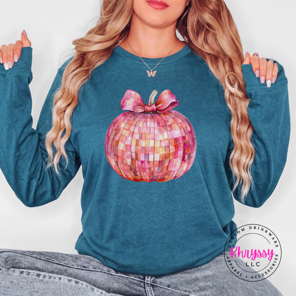 Heather Deep Teal long sleeve tee with the sparkly pink pumpkin with bow graphic